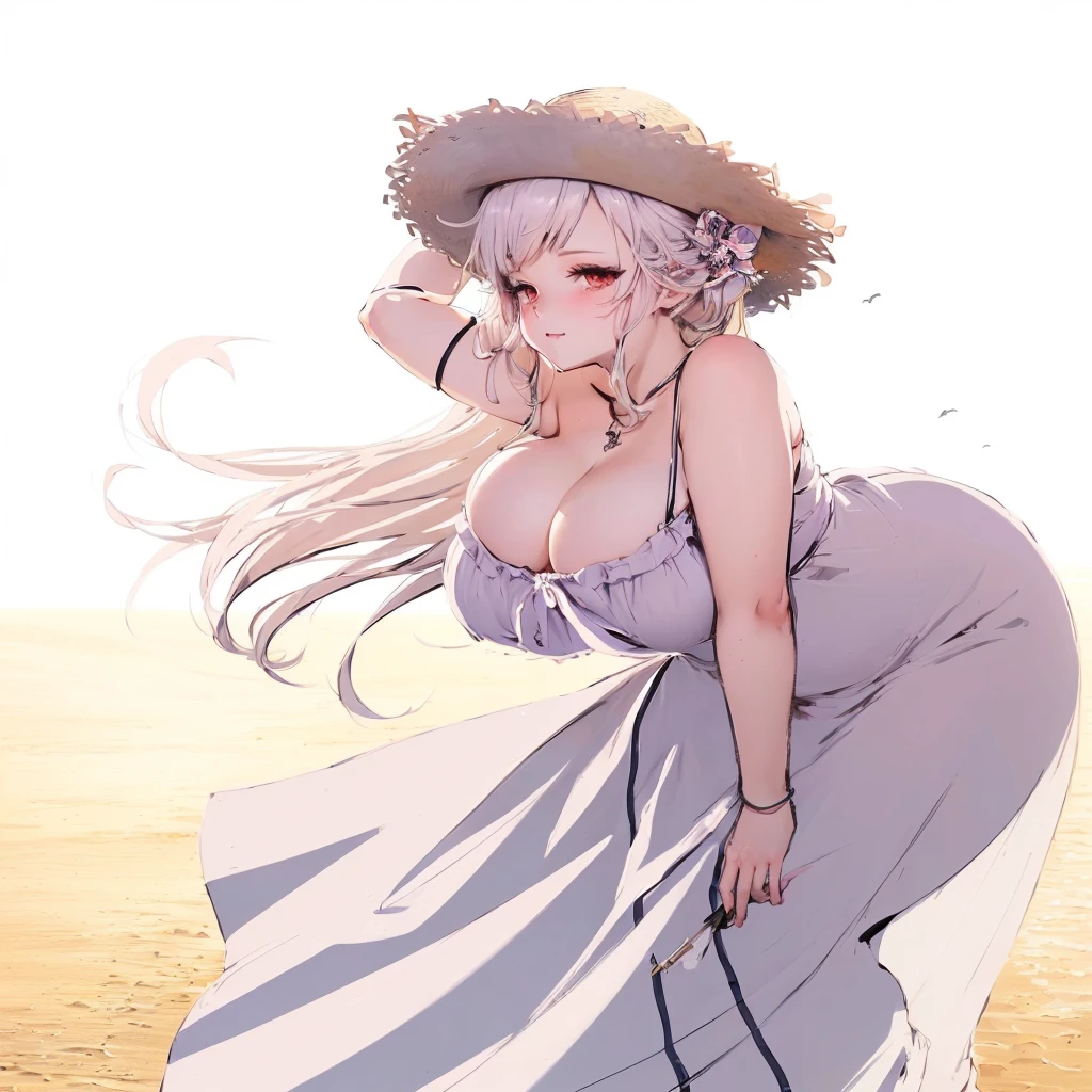 anime - style image of a woman in a dress and hat on the beach,  in dress, , succubus in sundress portrait, full body portrait of a short!, with straw hat, commission for high res, cute anime waifu in a nice dress, flat anime style shading, thicc, oc commission, full body!