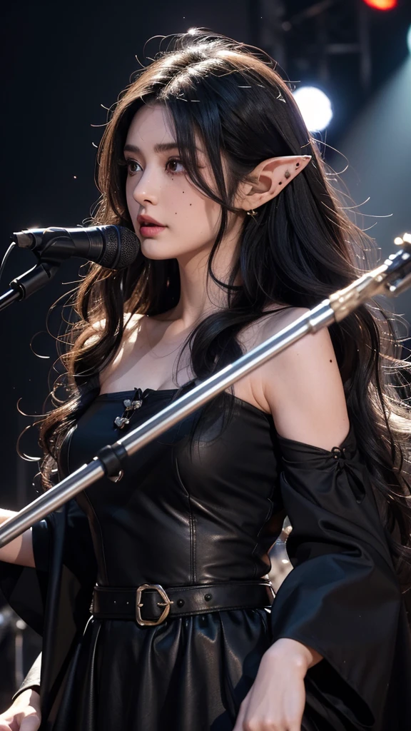 High quality, 8K Ultra HD, ((ink and painting)), ((Highest quality)), ((masterpiece)), (detailed), stage at a concert venue. A bewitching elf woman is singing. Her hair is long, black, and voluminous and loosely wavy. The eyes are black and slightly watery. ((((Large mole below the corner of the eye)))). She is wearing a long black dress. It's a sad expression. Upper body.