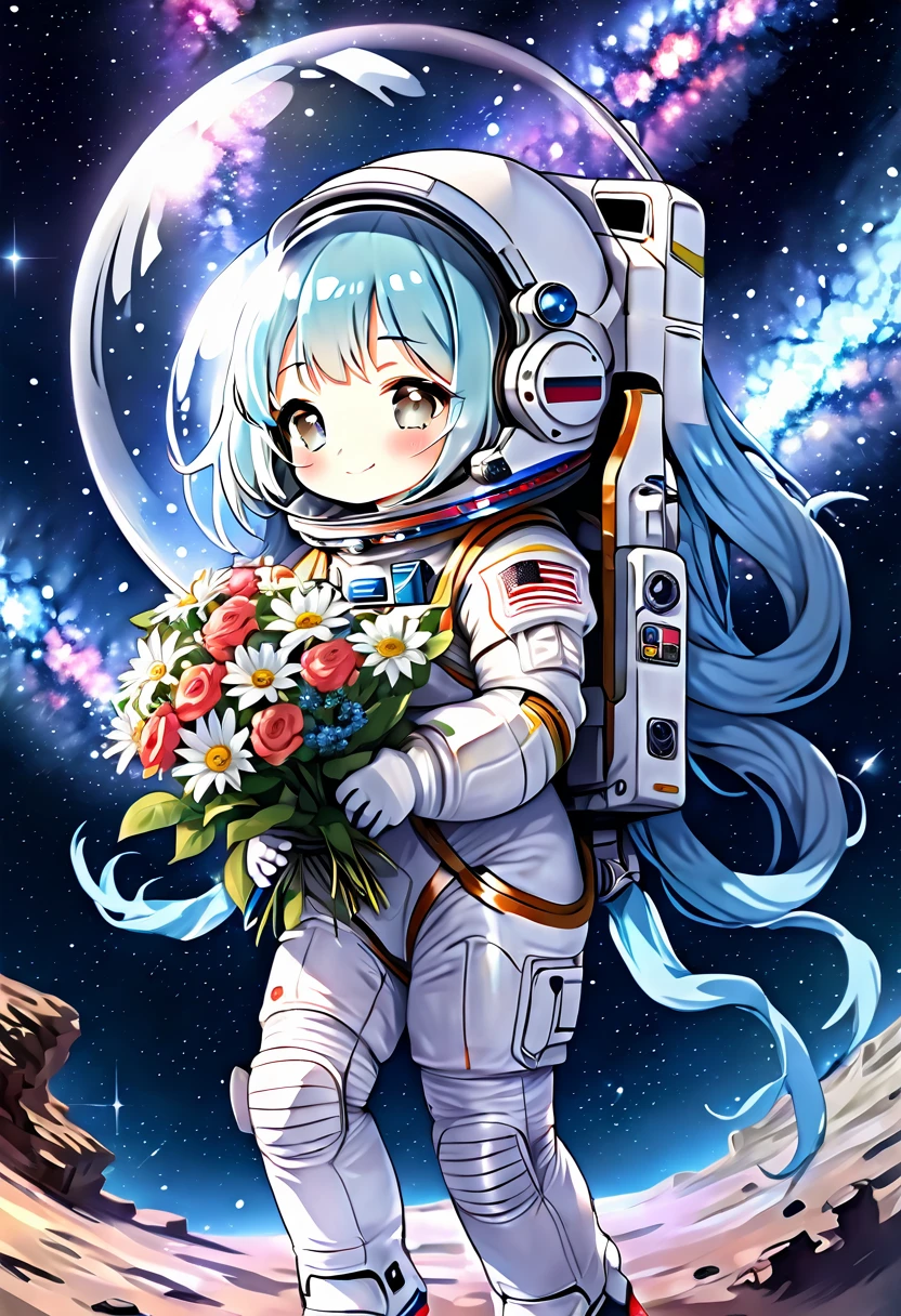 (((masterpiece))), Highest quality, Very detailed, anime, (Spacesuit:1.2), (Spacesuit helmet:1.2), (Spacewalk:1.2), (Holding a bouquet:1.2), Pretty dark eyes、smile、(((girl))), (((alone))), Happy, whole body, (((Deformed))), (((Chibi Character))),  (Space Background), (milky way)、Light blue long hair、Twin tails