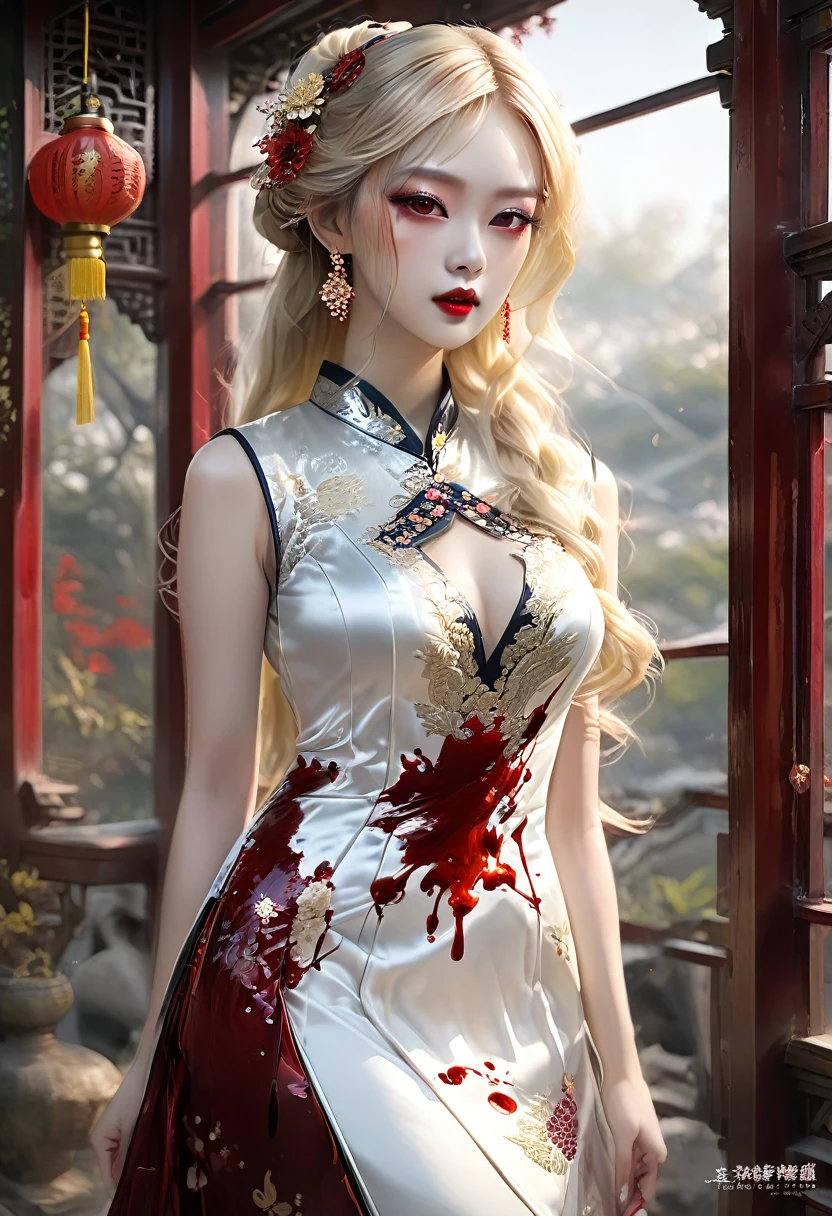 a beautiful female vampire wearing a ((blood stained: 1.5) white Cheongsam: 1.5), an extremely beautiful female vampire, ultra detailed face, blond hair, long hair, wavy hair, dark glamour make up, pale skin, red lips, (glowing red eyes: 1.2), visible (vampiric fangs: 1.2), she wears a ((blood stained white Cheongsam: 1.5)), elegant, intricate detailed Cheongsam, silk Cheongsam, small cleavage, ((Cheongsam is decorated with gems: 1.3)), she wears elegant knee high heeled boots, exquisite knee high heeled boots, there are stains of blood on the upper part of the dress, dynamic background, best details, best quality, highres, ultra wide angle, 16k, [ultra detailed], masterpiece, best quality, (extremely detailed), full body, ultra wide shot, photorealistic, fantasy art, dnd art, rpg art, realistic art, dark novel, Dark Art Painting Style, dark novel