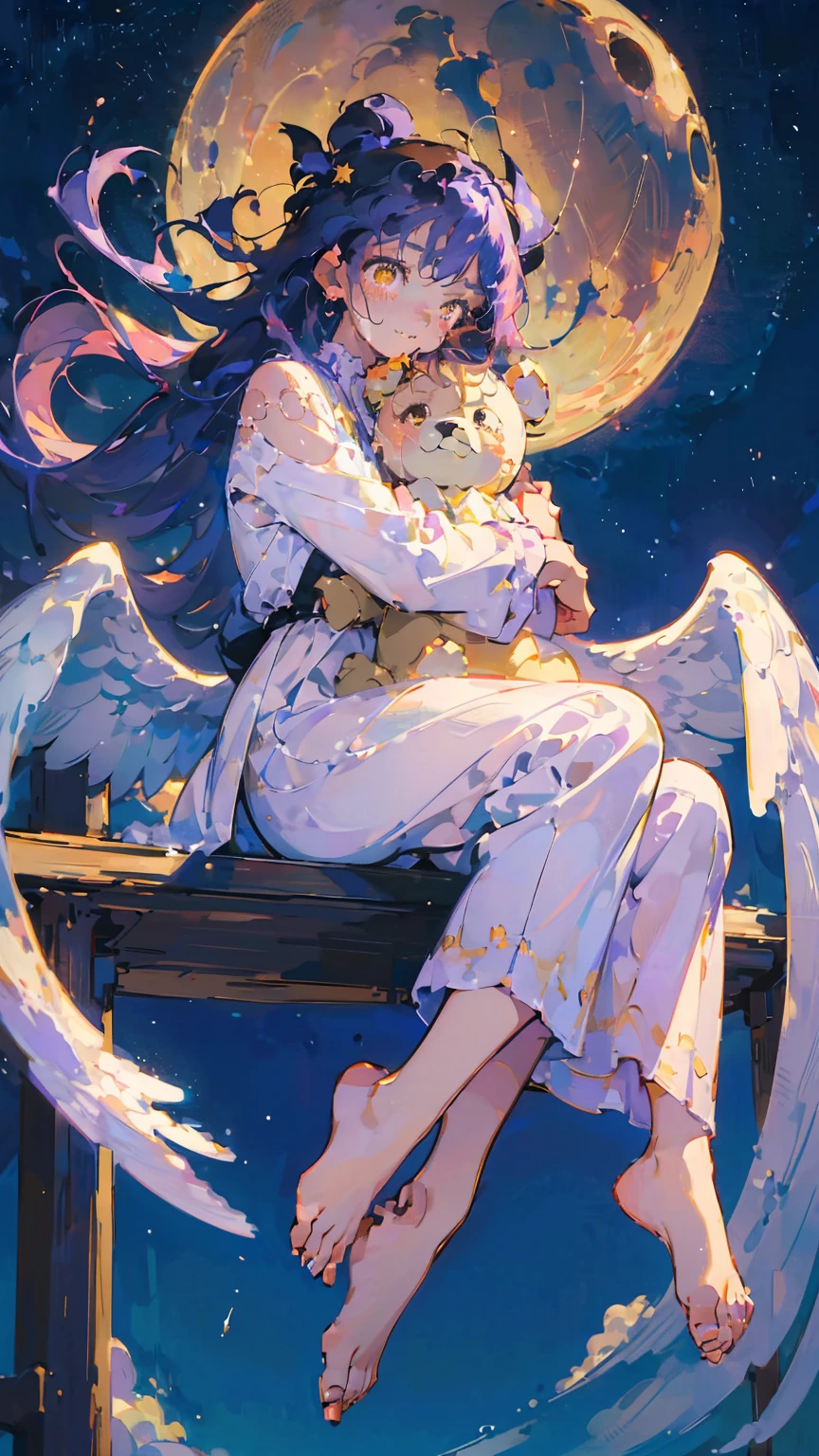 (woman\(A crescent moon-like angel sits on my head.。, Angel Girl,Purple Hair,Yellow Eyes, White skin, I'm wearing pastel colored pajamas,The girl is yawning sleepily,While floating in the air,hugging a teddy bear,barefoot,\) Beautiful night sky、Sleepily floating in the air, (I&#39;m in the beautiful outdoors, A beautiful star is shining,He seemed to be very sleepy., mysterious, (There is a pillow floating in the background),quality\(8K,非常に精細なCGユニットのwallpaper, masterpiece,High resolution,top-quality,top-quality real texture skin,Surreal,Increase the resolution,RAW Photos,最高quality,Very detailed,wallpaper,Cinema Lighting,Ray-tracing,Golden Ratio\),Long Shot,Overall, it looks ephemeral.,The depiction range is from the waist up,qualityの高い顔の描写,High-resolution facial depiction,ephemeral,Low saturation,***********,1 person