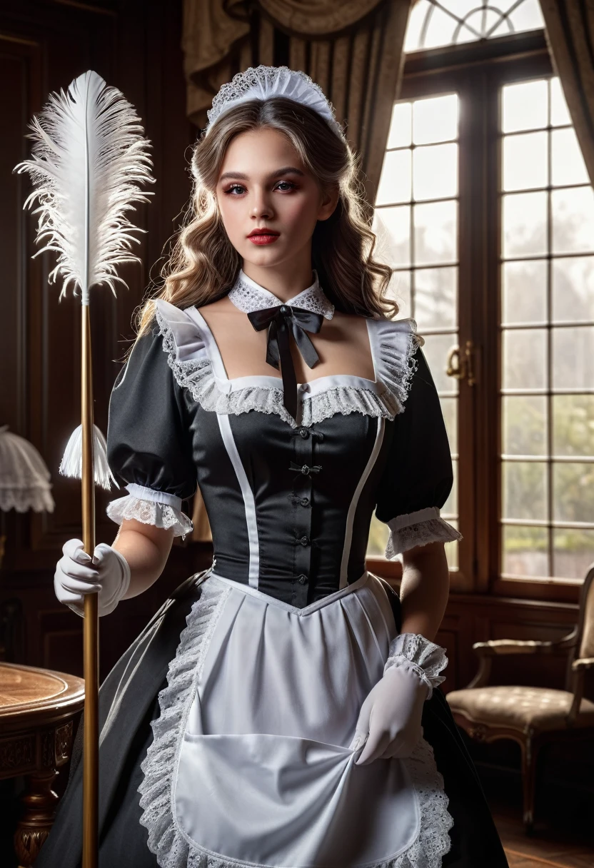 Maid Outfit, a beautiful maid with long flowing hair, detailed eyes, detailed lips, extremely detailed face, long eyelashes, intricate maid uniform with lace and ribbons, holding a feather duster, standing in a luxurious victorian-style room, window light, dramatic lighting, cinematic composition, highly detailed, photorealistic, 8k, masterpiece