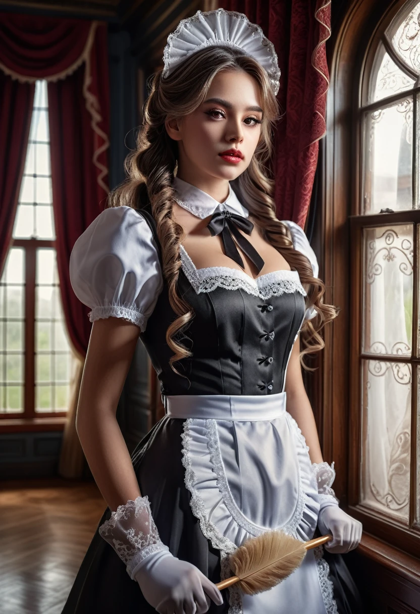 Maid Outfit, a beautiful maid with long flowing hair, detailed eyes, detailed lips, extremely detailed face, long eyelashes, intricate maid uniform with lace and ribbons, holding a feather duster, standing in a luxurious victorian-style room, window light, dramatic lighting, cinematic composition, highly detailed, photorealistic, 8k, masterpiece