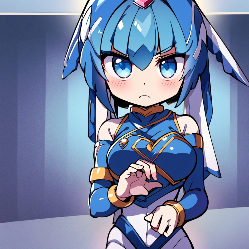 Leviathan_Megamanz, 1 Girl, looking at viewer, blue hair, Blue eyes, Simple background , Blushed ,  , Wedding ring, Glasses, chibi , Animated heart in hands 