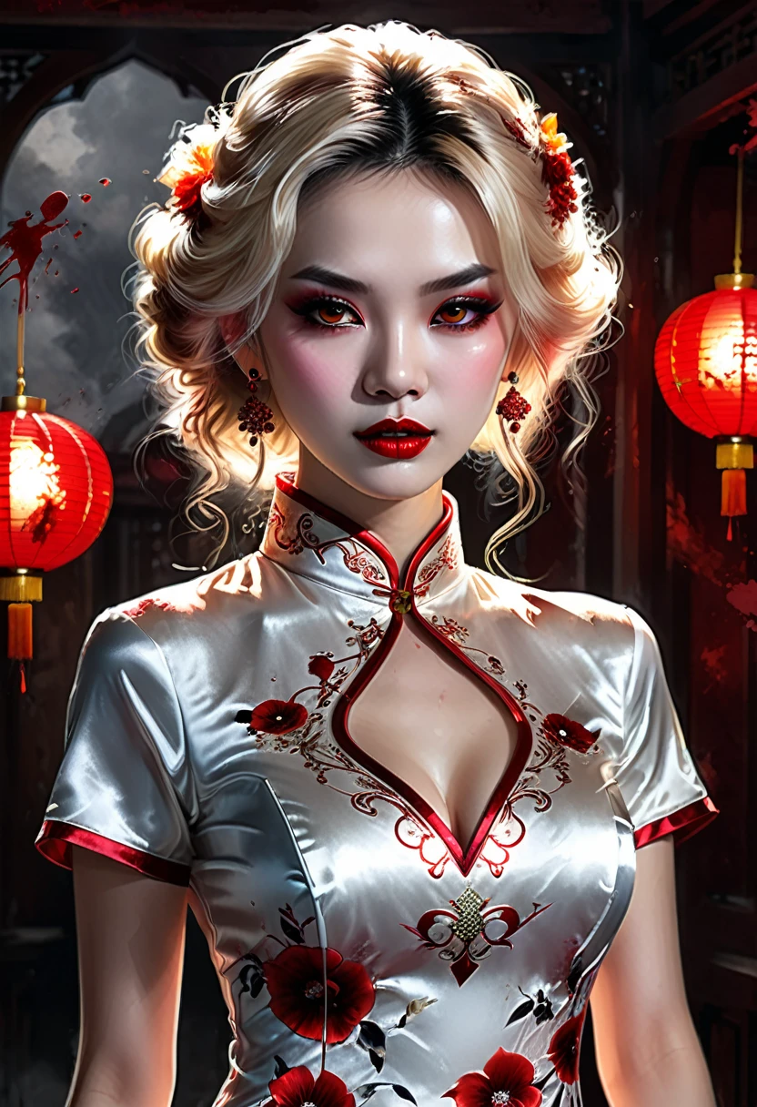 a beautiful female vampire wearing a ((blood stained: 1.5) white Cheongsam: 1.5), an extremely beautiful female vampire, ultra detailed face, blond hair, long hair, wavy hair, dark glamour make up, pale skin, red lips, (glowing red eyes: 1.2), visible (vampiric fangs: 1.2), she wears a ((blood stained white Cheongsam: 1.5)), elegant, intricate detailed Cheongsam, silk Cheongsam, small cleavage, ((Cheongsam is decorated with gems: 1.3)), she wears elegant knee high heeled boots, exquisite knee high heeled boots, there are stains of blood on the upper part of the dress, dynamic background, best details, best quality, highres, ultra wide angle, 16k, [ultra detailed], masterpiece, best quality, (extremely detailed), full body, ultra wide shot, photorealistic, fantasy art, dnd art, rpg art, realistic art, dark novel,