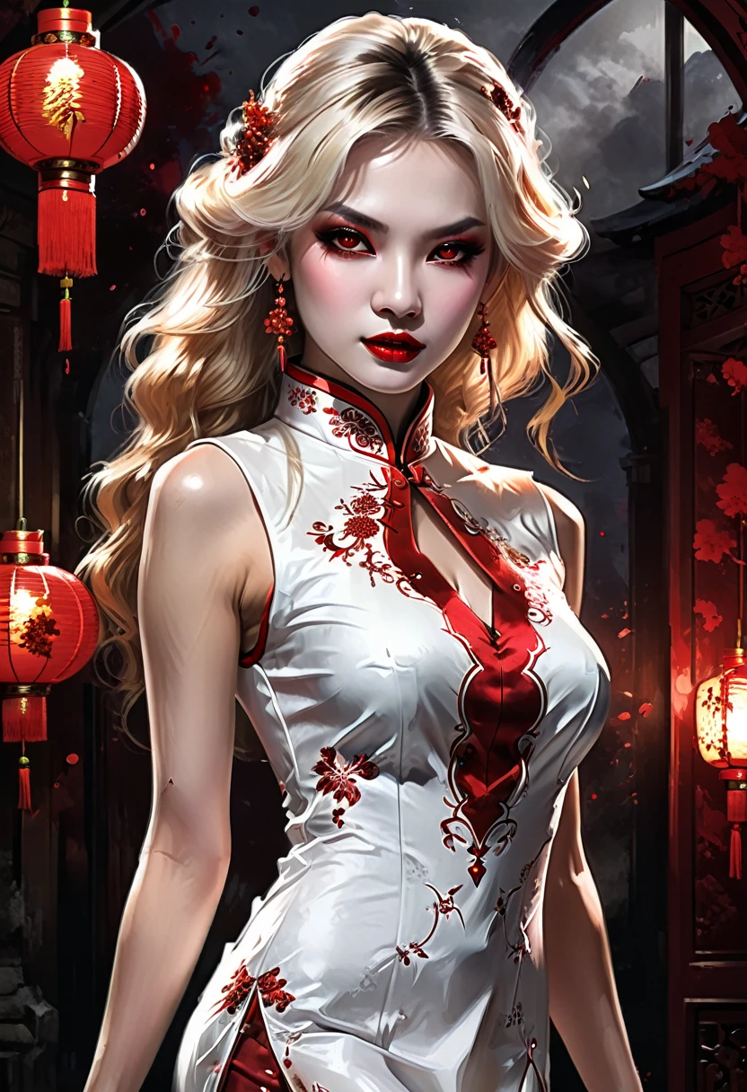 a beautiful female vampire wearing a ((blood stained: 1.5) white Cheongsam: 1.5), an extremely beautiful female vampire, ultra detailed face, blond hair, long hair, wavy hair, dark glamour make up, pale skin, red lips, (glowing red eyes: 1.2), visible (vampiric fangs: 1.2), she wears a ((blood stained white Cheongsam: 1.5)), elegant, intricate detailed Cheongsam, silk Cheongsam, small cleavage, ((Cheongsam is decorated with gems: 1.3)), she wears elegant knee high heeled boots, exquisite knee high heeled boots, there are stains of blood on the upper part of the dress, dynamic background, best details, best quality, highres, ultra wide angle, 16k, [ultra detailed], masterpiece, best quality, (extremely detailed), full body, ultra wide shot, photorealistic, fantasy art, dnd art, rpg art, realistic art, dark novel,