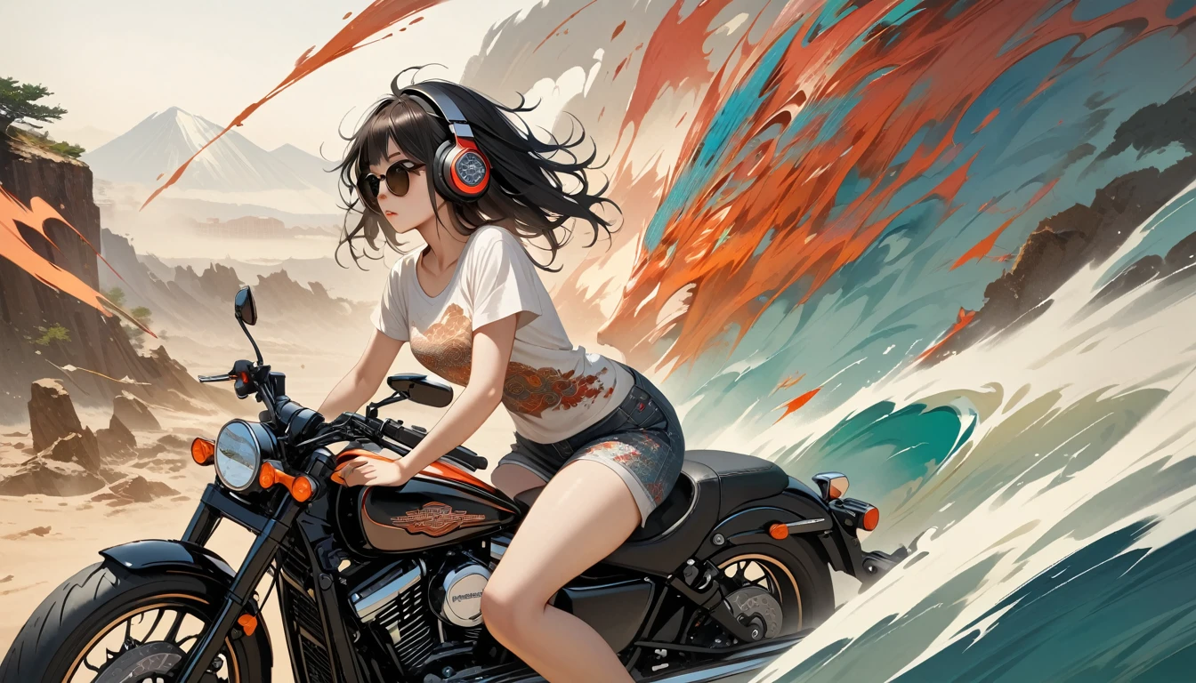((8k of extremely detailed CG unit, Masterpiece, high resolution, highest quality, highest quality real texture skin)), (((from side))), (((Drive a Harley-Davidson))), (Japanese pattern T-shirt,Japanese pattern shorts),  (((Japanese style headphones))), (((sunglasses))), ((1 girl)), (Black hair, messy hair, beige skin), (surreal, digital painting)