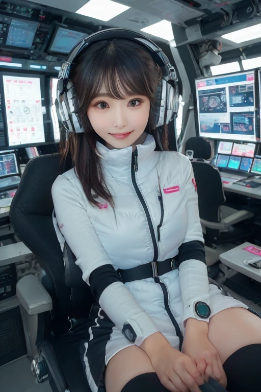 masterpiece, Highest quality, Very detailed, 8K Portrait,Japanese Android Girl,plump , Control panel,Robotic arms and legs, Blunt bangs,,break (Metallic Gray, Metallic luster, Mirror finish, Astro Best):5,headphone:5,break (Black sleeves):100,Smart Watches,Futuristic space station,Control Room,break headphone,blue eyes,(Black Hair):2,(Long Hair):1.3,Displaying the viewer,(respirator),break blush:3,Hidden Hand,smile