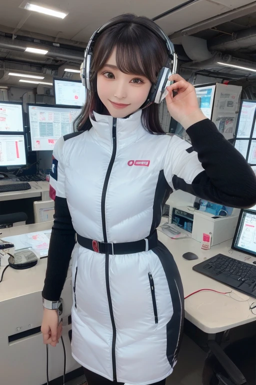 masterpiece, Highest quality, Very detailed, 8K Portrait,Japanese Android Girl,plump , Control panel,Robotic arms and legs, Blunt bangs,,break (Metallic Gray, Metallic luster, Mirror finish, Astro Best):5,headphone:5,break (Black sleeves):100,Smart Watches,Futuristic space station,Control Room,break headphone,blue eyes,(Black Hair):2,(Long Hair):1.3,Displaying the viewer,(respirator),break blush:3,Hidden Hand,smile