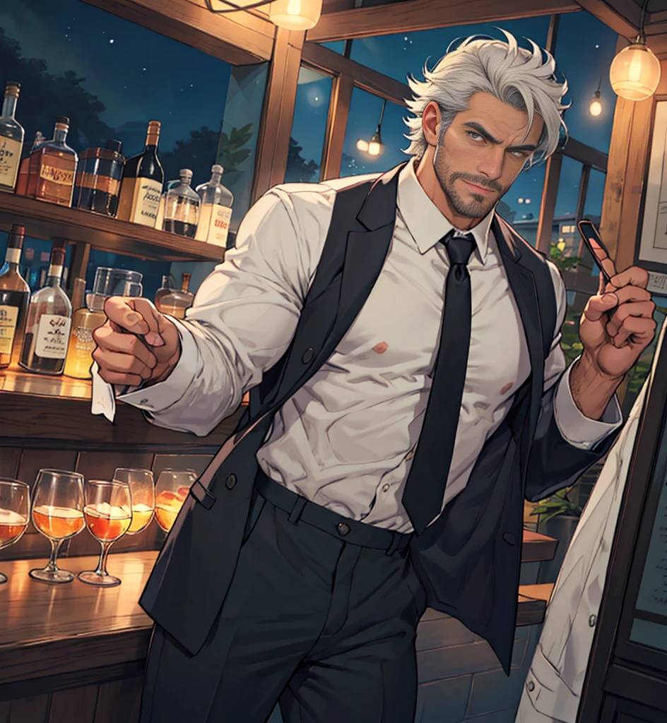 Ruggedly handsome older man, DILF, wearing a grey suit, with white shirt. Dominant, Confident, gentleman, solo shot, stood at bar, nightime