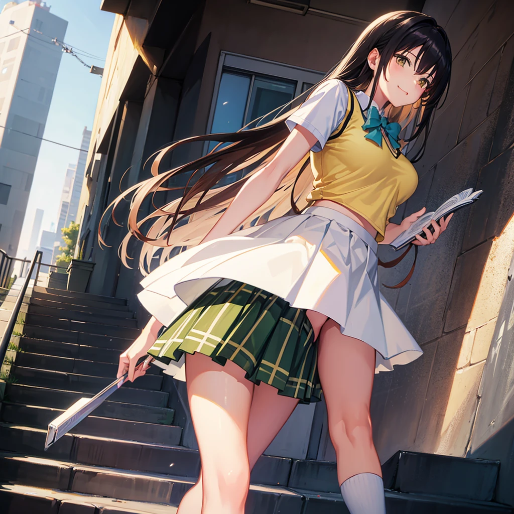 masterpiece, best quality, defYui, yellow sweater vest, white shirt, short sleeves, green bowtie, plaid miniskirt, large breasts, stairs, loafers, socks, blue sky, cityscape, smile, happy, from below, walking,(stairs:1.2),ass, kneehighs, looking back,(pantyshot:1.1), pleated skirt, white panties,running,(from below:1.1),