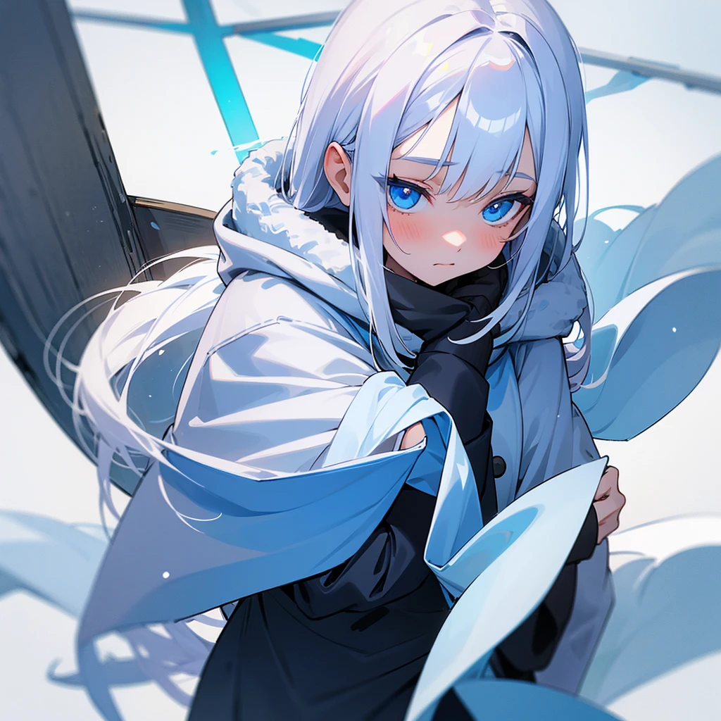 A very shy teenage girl who wears winter clothes and has white hair and blue eyes.
