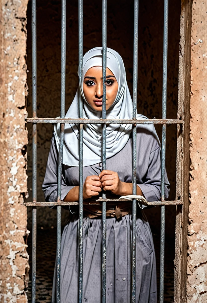 Arab in hijab Girl in cage prisoned shuttered in abandoned room behind the cage