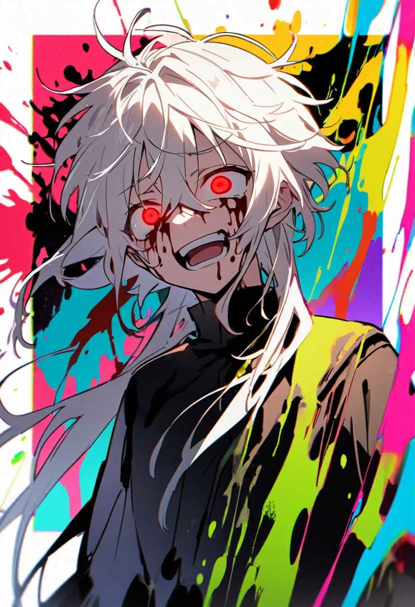 High resolution、Anime boy with white hair and red eyes looking into the camera、Glowing Eyes、Wearing black clothing、Colorful background、My hair is messy、Shadow Body、Bleeding、Blood splatter、dying、laughing
