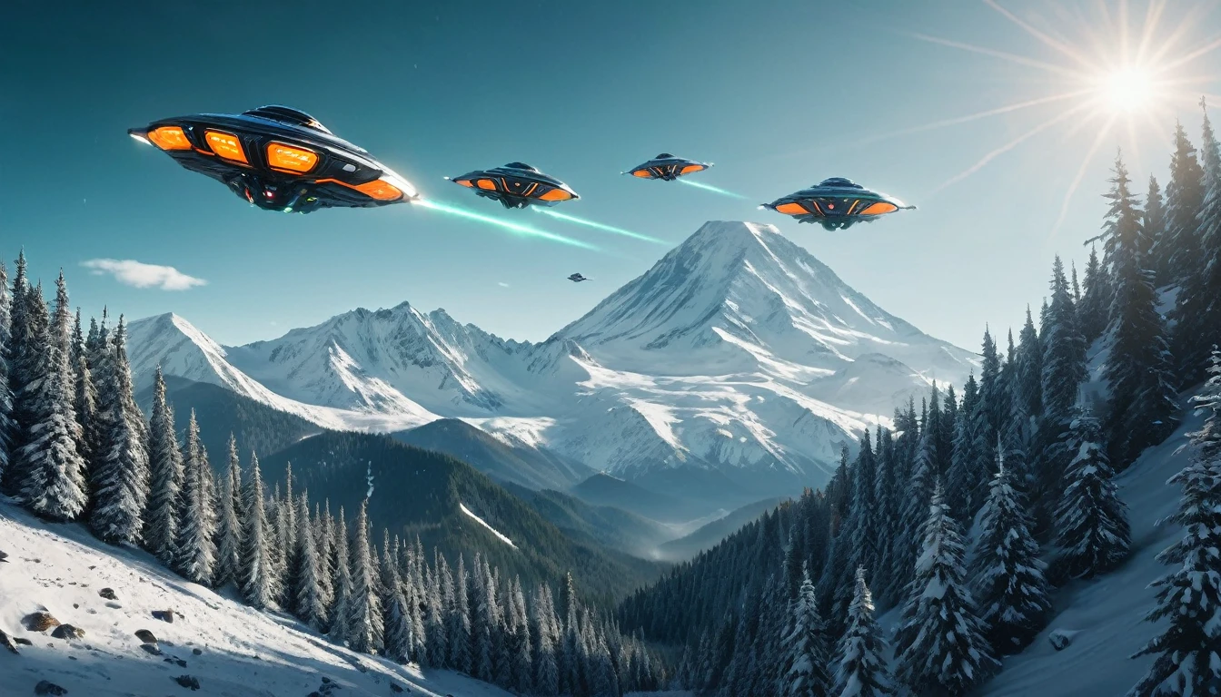 "A cinematic scene of a majestic mountain landscape with snow-capped peaks and dense forests in the valleys. In the center of the image, three futuristic spaceships fly in formation, with engines glowing bright orange (#FF4500). The lighting is natural and soft , with sunlight filtered through voluminous white clouds in the clear blue sky (#87CEEB). The composition uses the rule of thirds, with mountains occupying the upper left and right, creating a visual balance with the spaceships centered in the third. higher.
The camera used appears to be an ARRI Alexa 65, providing high resolution and cinematic depth of field. The lens is a wide angle, capturing the vastness of the landscape and the grandeur of the mountains. The color palette is naturalistic, with shades of green (#228B22) in the forests, brown (#8B4513) in the soil, and blue-gray (#708090) in the snowy mountains.
Cinematic light is soft and diffuse, creating soft, realistic shadows that add depth to the scene. There is a faint blue lens flare (#ADD8E6) visible in the sky, adding a touch of realism to the composition. The houses and villages in the valley have earthy tones (#D2B48C), harmonizing with the natural landscape around them.
The overall atmosphere is a fusion of pristine nature and advanced technology, creating a striking visual contrast and a sense of futuristic wonder."hyper realistic composition,32k resolution,cinematic composition,cinematic color grading.