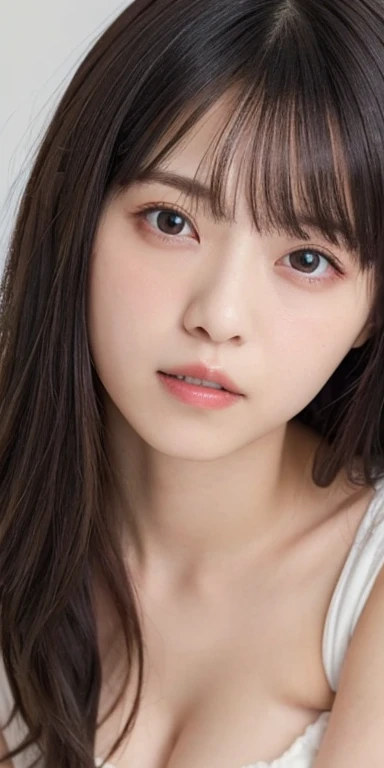 (masterpiece:1.3), Highest quality、Ultra-high resolution, Very detailed, Very detailed CG Unity 8k 壁紙, Realistic, photo-Realistic, RAW Photos, Beautifully detailed face, Pale skin, Realistic glistening skin, Detailed cloth texture, Detailed hair texture, Perfect body, Beautiful Face, Accurate, Anatomically correct, Highly detailed face そして skin texture, Natural neck length, (Fair skin:1.2), Good teeth alignment,
Symmetrical eyes, dolly make、double eyelid, Thin eyebrows, (Glossy Lips:1.4), (Sad face:1.2),
(classy and cute girl:1.3),
(Large Breasts:1.4), Cleavage, Beautiful clavicle,
(Wavy very long hair:1.2), ((Asymmetrical bangs:1.2)), A tight beige tunic that hugs the breasts、Micro Mini、Voluptuous thighs、A photo showing you from head to knees、Focus on the thighs