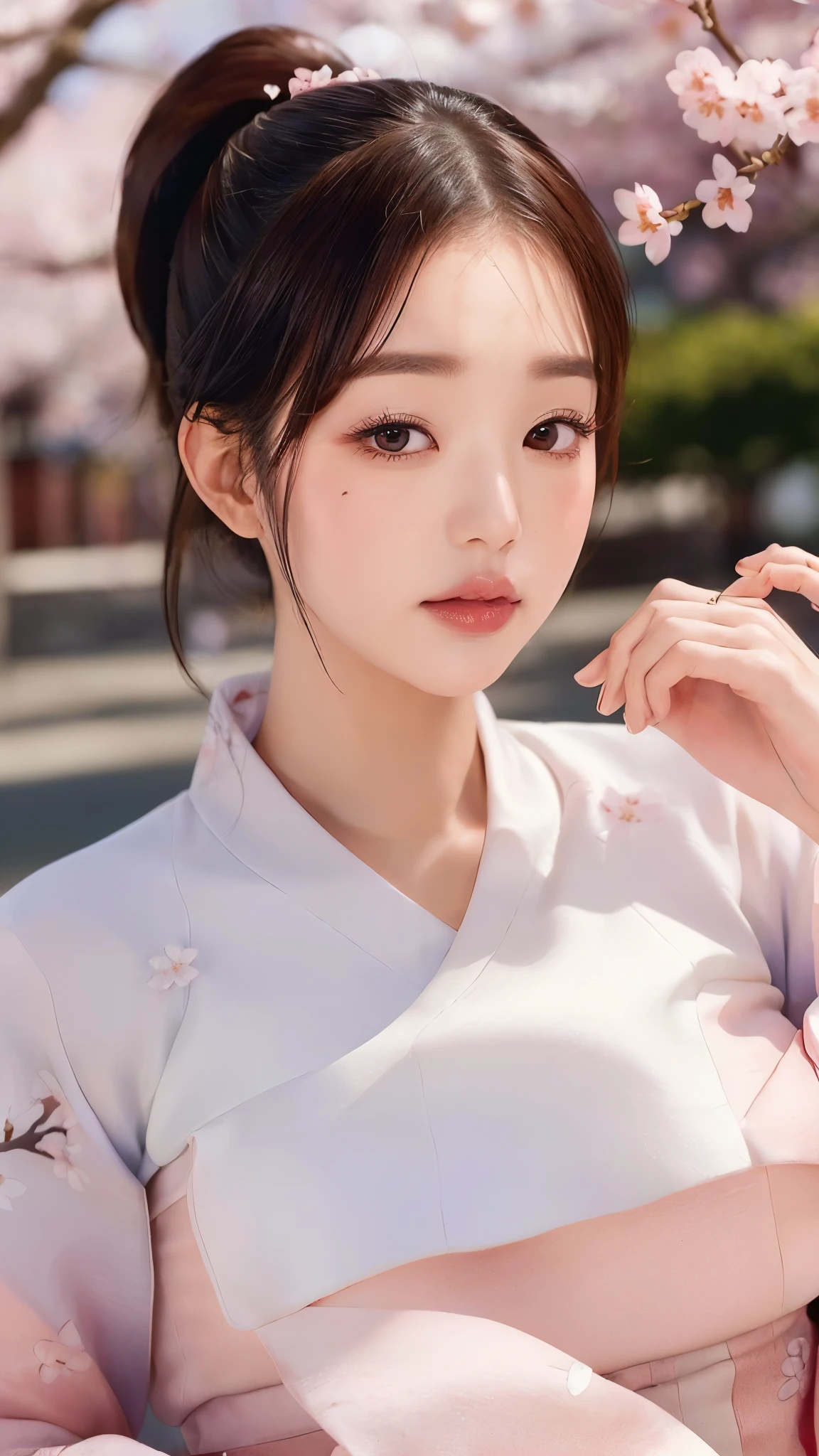 (best quality, 8K, masterpiece: 1.3), ((((((Incredibly huge breasts: 0.8))))), single ponytail, (beautiful face:1.3), Cherry blossoms are in full bloom, full of cherry blossoms, floating cherry blossom petals, very cool, Authentic Korean Hanbok