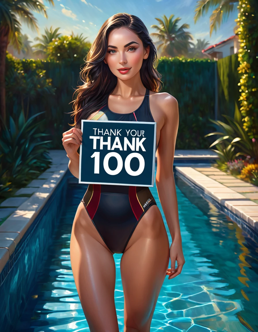 a beautiful young woman, slender athletic figure, long dark hair, striking facial features, sensual expression, wearing a revealing swimsuit, standing in a luxurious outdoor swimming pool, holding a sign that reads "THANK YOU FOR 1000 followers", dramatic lighting, dynamic composition, oil painting style, highly detailed, photorealistic, masterpiece, (best quality,4k,8k,highres,masterpiece:1.2),ultra-detailed,(realistic,photorealistic,photo-realistic:1.37),HDR,UHD,studio lighting,ultra-fine painting,sharp focus,physically-based rendering,extreme detail description,professional,vivid colors,bokeh,portraits,oil painting,dramatic lighting,moody,cinematic