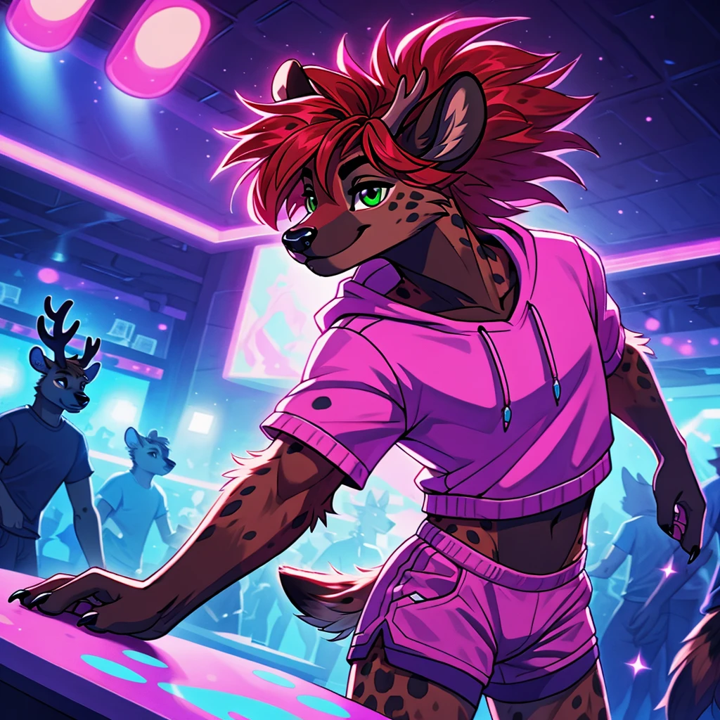 highres, High-quality illustrations, unparalleled masterpiece(movie of life)(furry anthro:1.7)absurd resolution (highly detailed beautiful face and eyes)perfect anatomy, expression, caustics, dynamic angle, top quality, soft color, Vintage images, highres, High-quality illustrations, unparalleled masterpiece, (furry anthro:1.7)absurdres(highly detailed beautiful face and eyes)perfect anatomy, expression, caustics, no lighting deep shadow, masterpiece, high quality, hi res, solo, male, teen Furry, furry, teenager, spotted hyena and deer mix, deer antlers, white fawn spots, dark hyena spots, full hyena face, bright red mullet hairstyle, one red eye and one green eye, masterpiece, No muscles, Detailed hands, detailed face, detailed eyes, detailed body, Flat body, Skinny, androgynous, femboy, femboy jock, claws, high resolution, blue white and pink outfit, short shorts, cropped sweatshirt, nightclub background, blue pink and purple lighting, standing, dancing, smug, bedroom eyes, side view