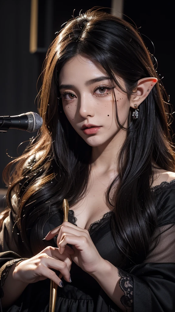 High quality, 8K Ultra HD, ((ink and painting)), ((Highest quality)), ((masterpiece)), (detailed), stage at a concert venue. A bewitching elf woman is singing. Her hair is long, black, and voluminous and loosely wavy. The eyes are black and slightly watery. ((((Large mole below the corner of the eye)))). She is wearing a long black dress. It's a sad expression. Upper body.