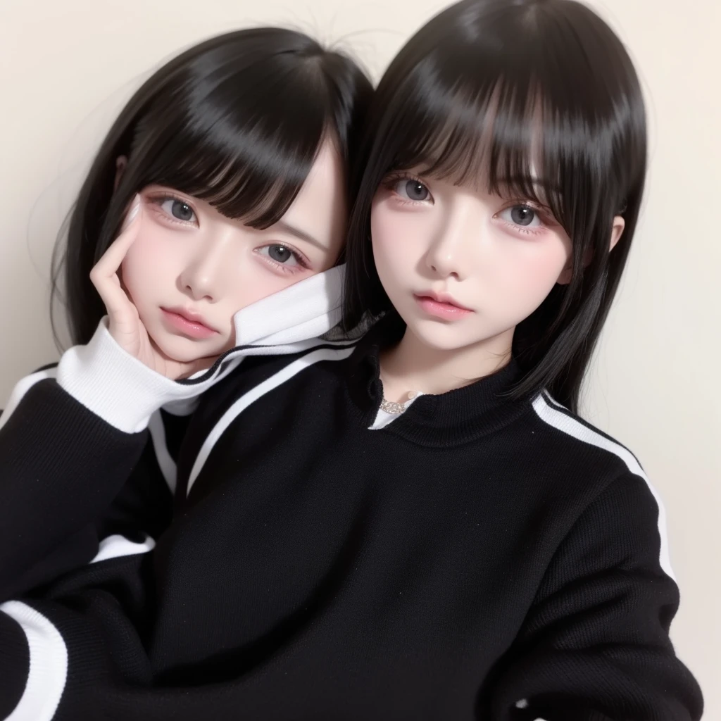 top-quality、8K、32K、masterpiece、nffsw:1.2)、1girl in、One girl、A dark-haired、Heavy bangs、long hair to the chest、Wearing a black long-sleeved puff-sleeved blouse &White flare mini skirt、Cute clothes、White wall background、Focus on the face、Focus on the face