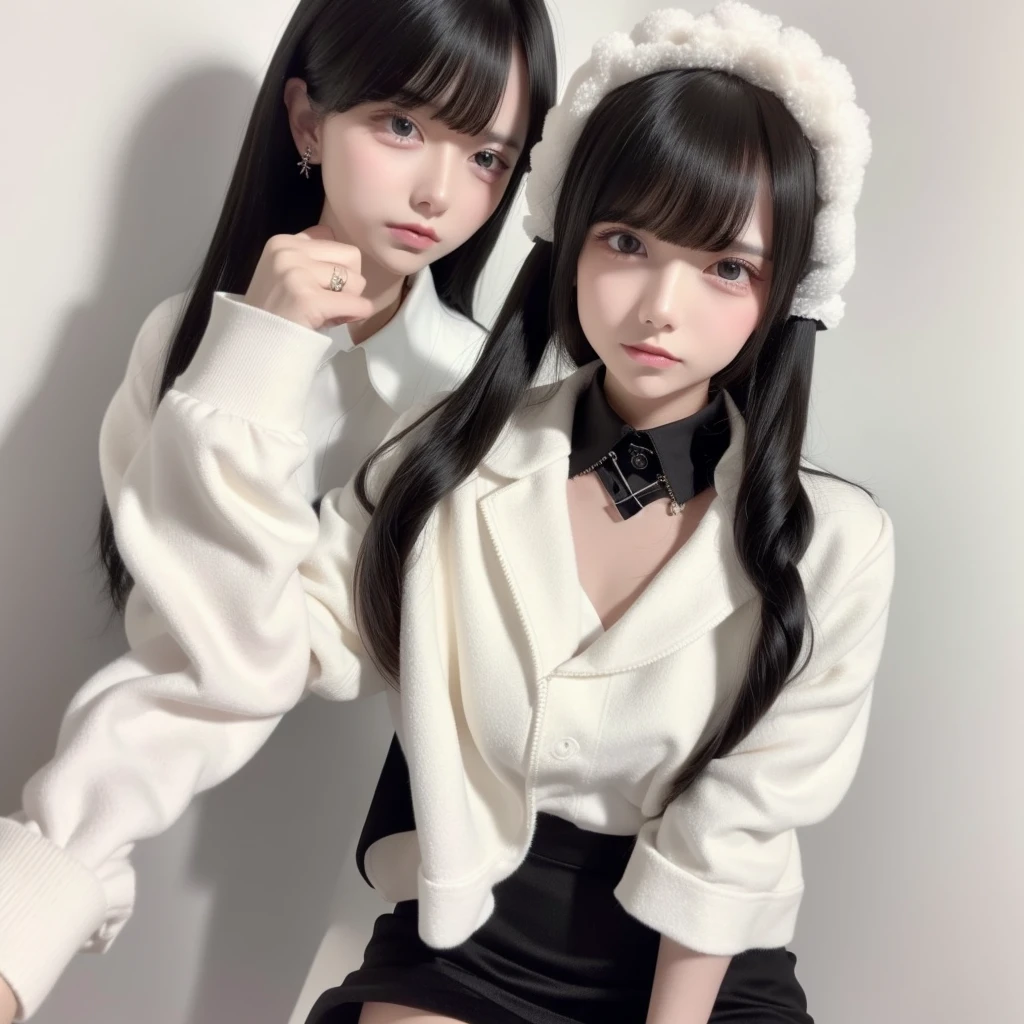 top-quality、8K、32K、masterpiece、nffsw:1.2)、1girl in、One girl、A dark-haired、Heavy bangs、long hair to the chest、Wearing a black long-sleeved puff-sleeved blouse &White flare mini skirt、Cute clothes、White wall background、Focus on the face、Focus on the face