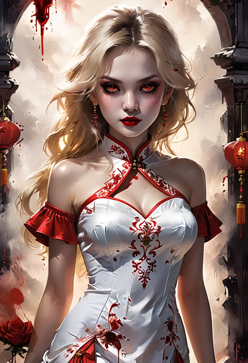 a beautiful female vampire wearing a ((blood stained: 1.5) white Cheongsam: 1.5), an extremely beautiful female vampire, ultra detailed face, blond hair, long hair, wavy hair, dark glamour make up, pale skin, red lips, (glowing red eyes: 1.2), visible (vampiric fangs: 1.2), she wears a ((blood stained white Cheongsam: 1.5)), elegant, intricate detailed Cheongsam, silk Cheongsam, small cleavage, ((Cheongsam is decorated with gems: 1.3)), she wears elegant knee high heeled boots, exquisite knee high heeled boots, there are stains of blood on the upper part of the dress, dynamic background, best details, best quality, highres, ultra wide angle, 16k, [ultra detailed], masterpiece, best quality, (extremely detailed), full body, ultra wide shot, photorealistic, fantasy art, dnd art, rpg art, realistic art, dark novel, Dark Art Painting Style