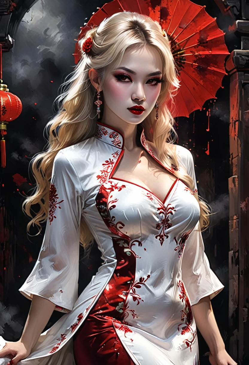 a beautiful female vampire wearing a ((blood stained: 1.5) white Cheongsam: 1.5), an extremely beautiful female vampire, ultra detailed face, blond hair, long hair, wavy hair, dark glamour make up, pale skin, red lips, (glowing red eyes: 1.2), visible (vampiric fangs: 1.2), she wears a ((blood stained white Cheongsam: 1.5)), elegant, intricate detailed Cheongsam, silk Cheongsam, small cleavage, ((Cheongsam is decorated with gems: 1.3)), she wears elegant knee high heeled boots, exquisite knee high heeled boots, there are stains of blood on the upper part of the dress, dynamic background, best details, best quality, highres, ultra wide angle, 16k, [ultra detailed], masterpiece, best quality, (extremely detailed), full body, ultra wide shot, photorealistic, fantasy art, dnd art, rpg art, realistic art, dark novel, Dark Art Painting Style