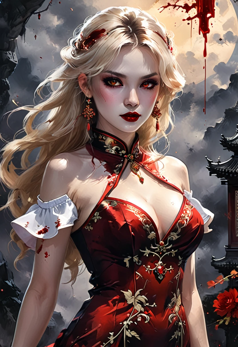 a beautiful female vampire wearing a ((blood stained: 1.5) white Cheongsam: 1.5), an extremely beautiful female vampire, ultra detailed face, blond hair, long hair, wavy hair, dark glamour make up, pale skin, red lips, (glowing red eyes: 1.2), visible (vampiric fangs: 1.2), she wears a ((blood stained white Cheongsam: 1.5)), elegant, intricate detailed Cheongsam, silk Cheongsam, small cleavage, ((Cheongsam is decorated with gems: 1.3)), she wears elegant knee high heeled boots, exquisite knee high heeled boots, there are stains of blood on the upper part of the dress, dynamic background, best details, best quality, highres, ultra wide angle, 16k, [ultra detailed], masterpiece, best quality, (extremely detailed), full body, ultra wide shot, photorealistic, fantasy art, dnd art, rpg art, realistic art, dark novel, Dark Art Painting Style