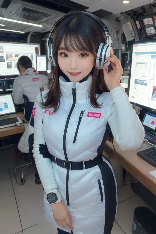 masterpiece, Highest quality, Very detailed, 8K Portrait,Japanese Android Girl,plump , Control panel,Robotic arms and legs, Blunt bangs,,break (Metallic Gray, Metallic luster, Mirror finish, Astro Best):5,headphone:5,break (Black sleeves):100,Smart Watches,Futuristic space station,Control Room,break headphone,blue eyes,(Black Hair):2,(Long Hair):1.3,Displaying the viewer,(respirator),break blush:3,Hidden Hand,smile