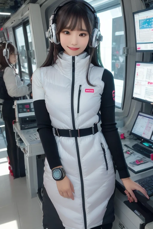 masterpiece, Highest quality, Very detailed, 8K Portrait,Japanese Android Girl,plump , Control panel,Robotic arms and legs, Blunt bangs,,break (Metallic Gray, Metallic luster, Mirror finish, Astro Best):5,headphone:5,break (Black sleeves):100,Smart Watches,Futuristic space station,Control Room,break headphone,blue eyes,(Black Hair):2,(Long Hair):1.3,Displaying the viewer,(respirator),break blush:3,Hidden Hand,smile