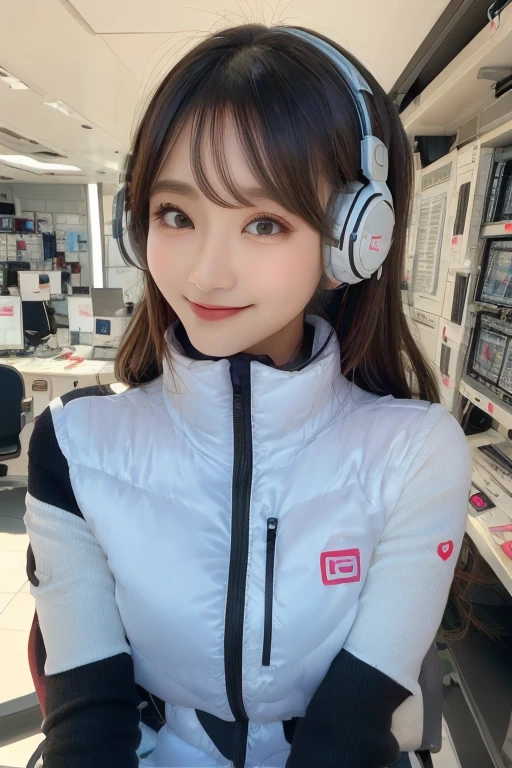 masterpiece, Highest quality, Very detailed, 8K Portrait,Japanese Android Girl,plump , Control panel,Robotic arms and legs, Blunt bangs,,break (Metallic Gray, Metallic luster, Mirror finish, Astro Best):5,headphone:5,break (Black sleeves):100,Smart Watches,Futuristic space station,Control Room,break headphone,blue eyes,(Black Hair):2,(Long Hair):1.3,Displaying the viewer,(respirator),break blush:3,Hidden Hand,smile