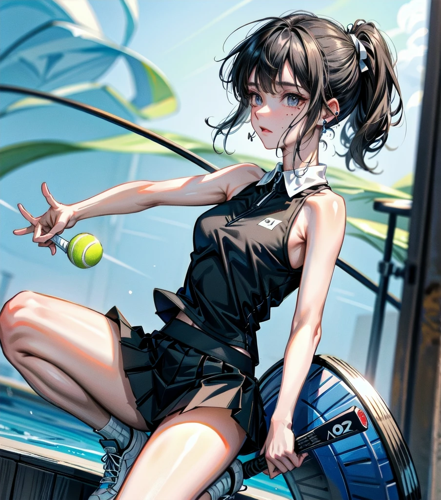 whole body, delicate facial features, medium tits, medium hair, black hair, tearful mole, earring, tennis uniform, midriff,