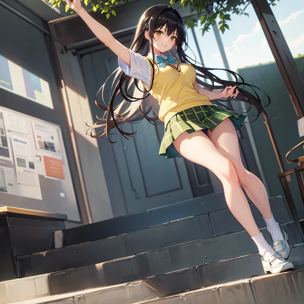 masterpiece, best quality, defYui, yellow sweater vest, white shirt, short sleeves, green bowtie, plaid miniskirt, large breasts, stairs, loafers, socks, blue sky, cityscape, smile, happy, (stairs:1.2),ass, kneehighs, looking back,(pantyshot:1.1), white panties,running,(from below:1.1),