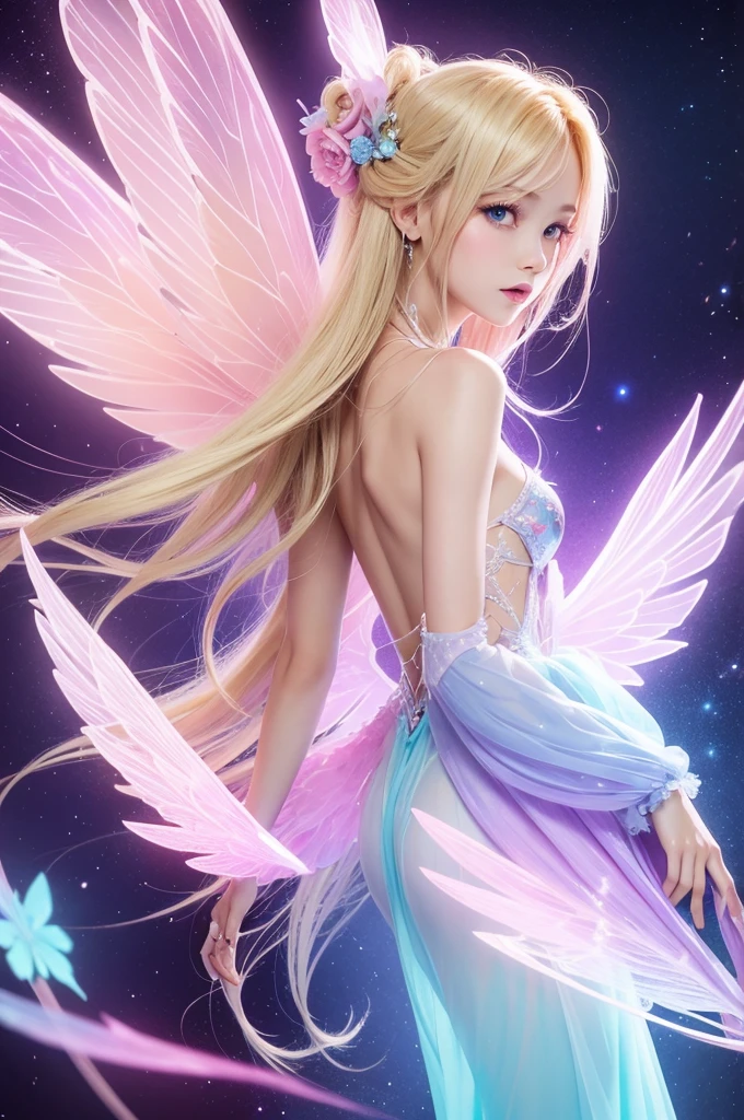 Fairy on your back, long blonde hair, pink colored wings, lilac and blue. Background transparent