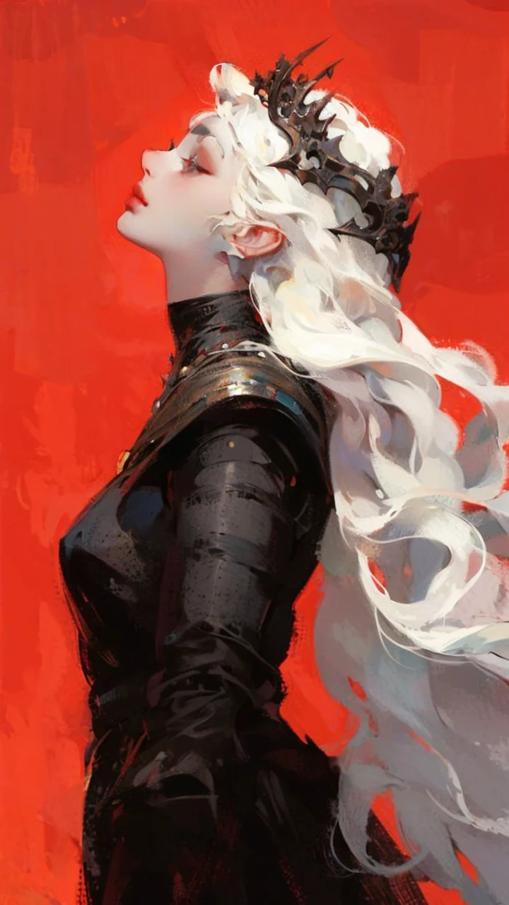 Girl with white wavy hair,side braids,beautiful necklace, Targaryen women hairstyle,beautiful gold tiara, red and black dress