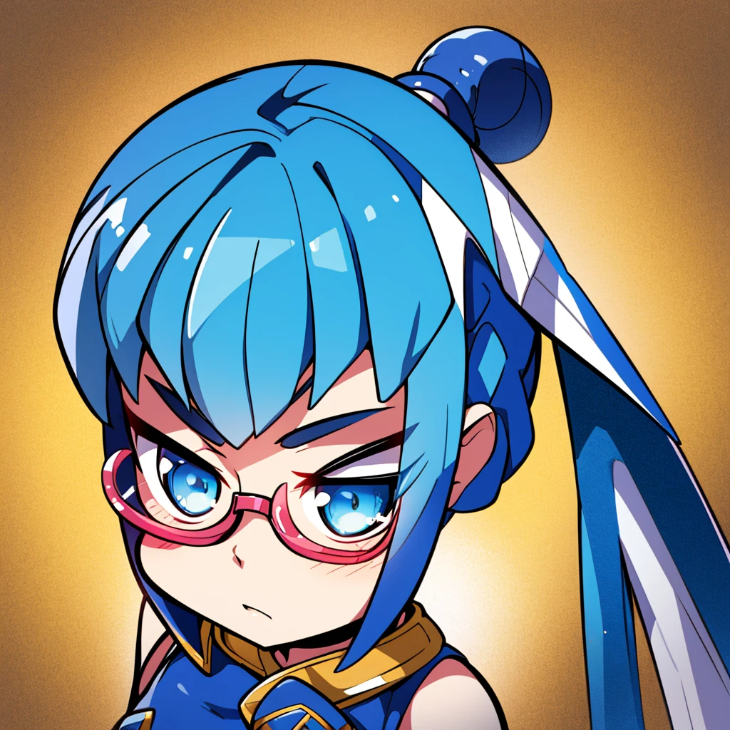 Leviathan_Megamanz, 1 Girl, looking at viewer, blue hair, Blue eyes, Simple background , Blushed , , Wedding ring, Glasses, chibi , cool glasses