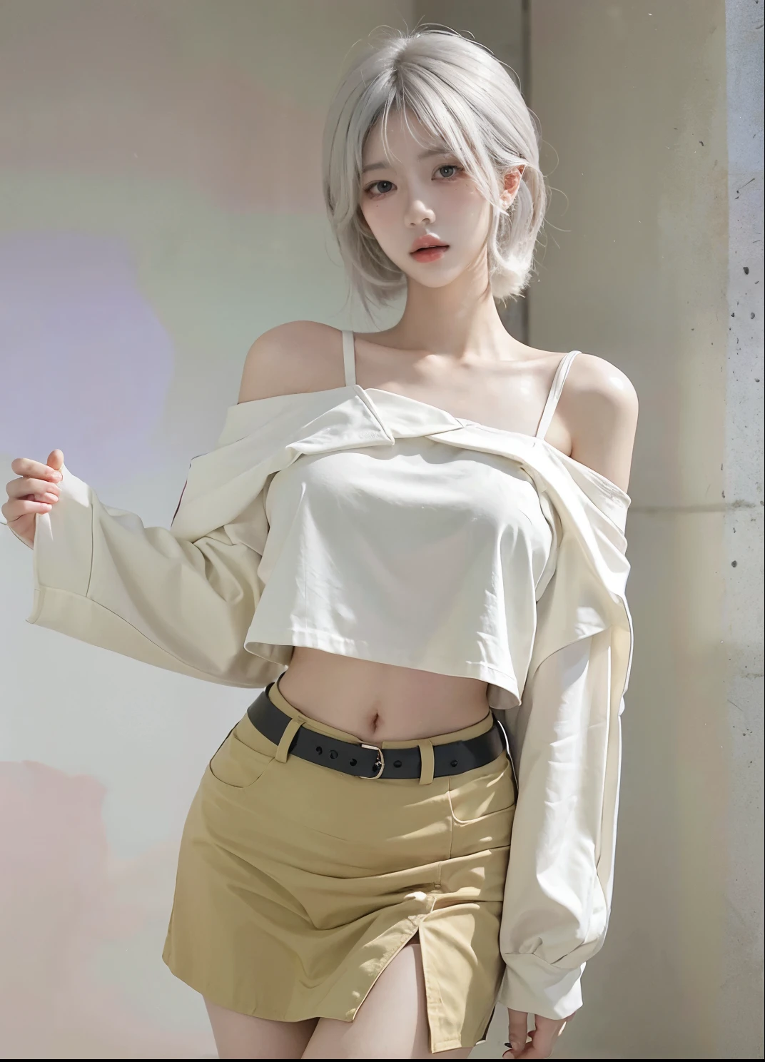 Beautiful woman with perfect figure:1.4，Ultra-high resolution，White background，（Realism:1.4)，Layered hairstyle，White skin，JK:1.5，Super short pleated skirt，whole body，Very delicate and skin texture，Double eyelids，Skin Whitening，short hair，White hair
