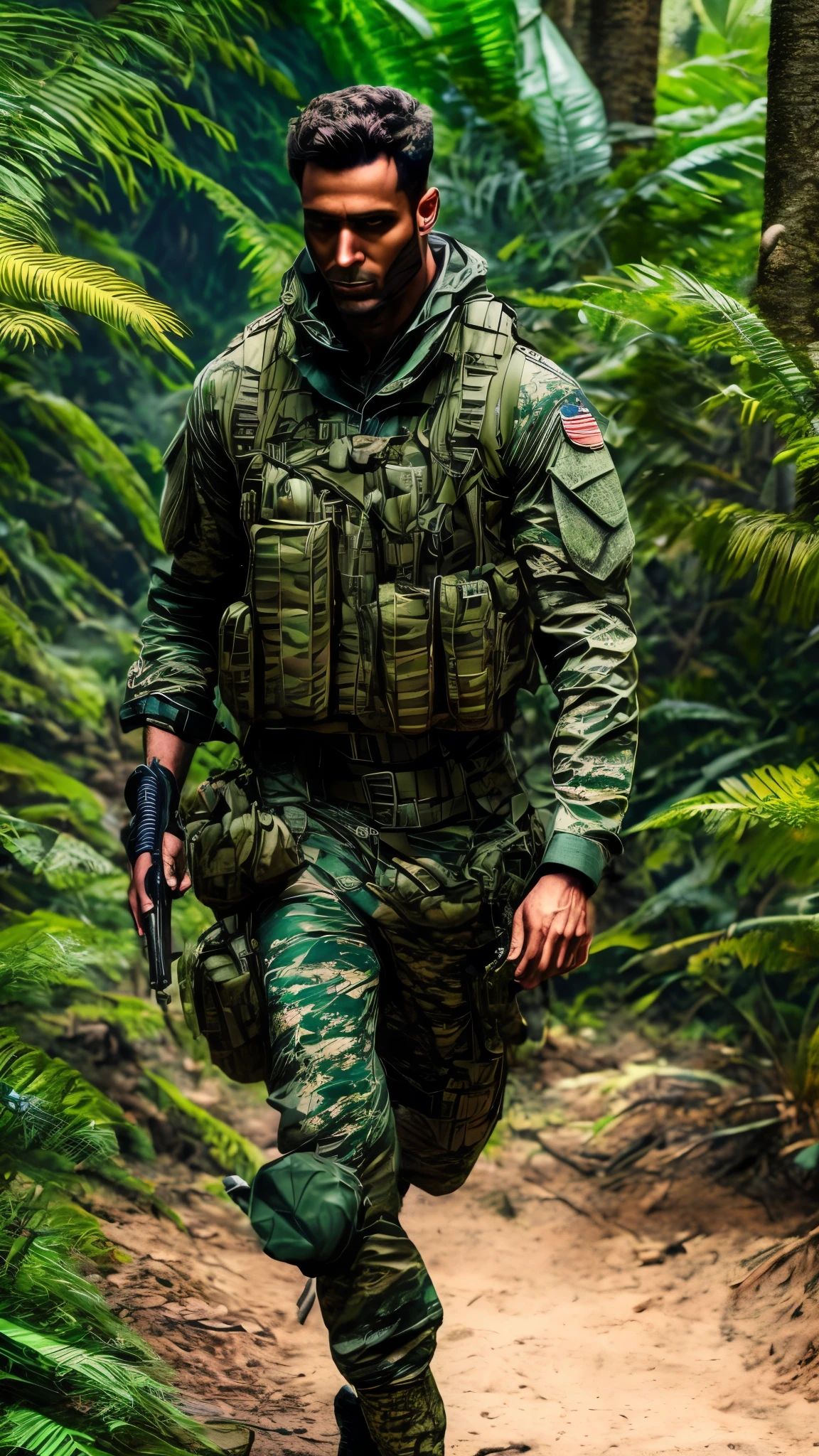 A young, camouflaged military operative, clad in protective gear and mask, emerges amidst the dense foliage of an uncharted jungle. With stealthy precision, he blends seamlessly with the surrounding greenery, a testament to his advanced training and equipment. As he moves, the undergrowth rustles and shadows dance, hinting at the untamed wilderness that lies hidden beneath.

In the distance, the unmistakable sound of a military helicopter can be heard, a beacon of civilization in this remote and mysterious land. The operative's eyes are sharp, scanning the environment for any signs of danger or objectives. A sense of purpose fu