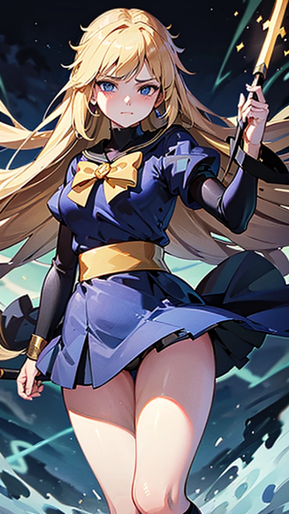 1girl, highly detailed, masterpiece, best quality, correct hands, correct eyes, blue eyes, long yellow hair with 2 bows on the head same a sailor moon black robes, blue shirt, medium sized breasts, smug look, satisfied look, forest background, in a storm, surronded by lightning, holding a staff, holding a sword