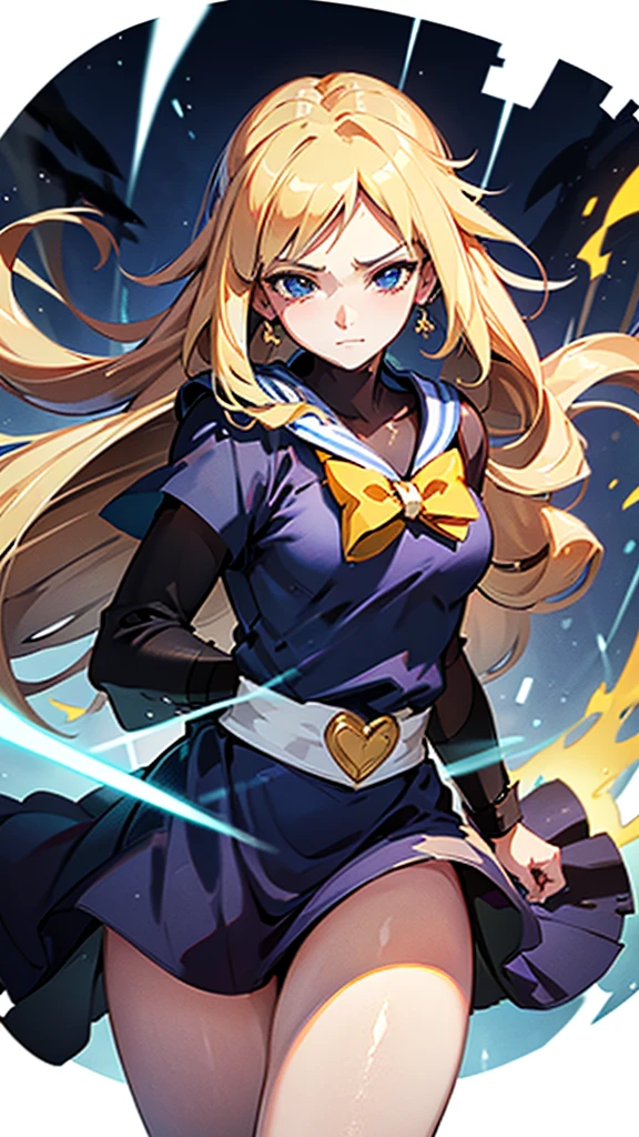 1girl, highly detailed, masterpiece, best quality, correct hands, correct eyes,  blue eyes, long yellow hair with 2 bows on the head same a sailor moon black robes, blue shirt, medium sized breasts, smug look, satisfied look, forest background, in a storm, surronded by lightning, holding a staff, holding a sword