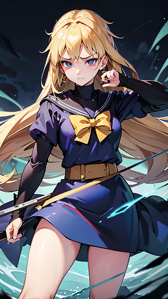 1girl, highly detailed, masterpiece, best quality, correct hands, correct eyes,  blue eyes, long yellow hair with 2 bows on the head same a sailor moon black robes, blue shirt, medium sized breasts, smug look, satisfied look, forest background, in a storm, surronded by lightning, holding a staff, holding a sword