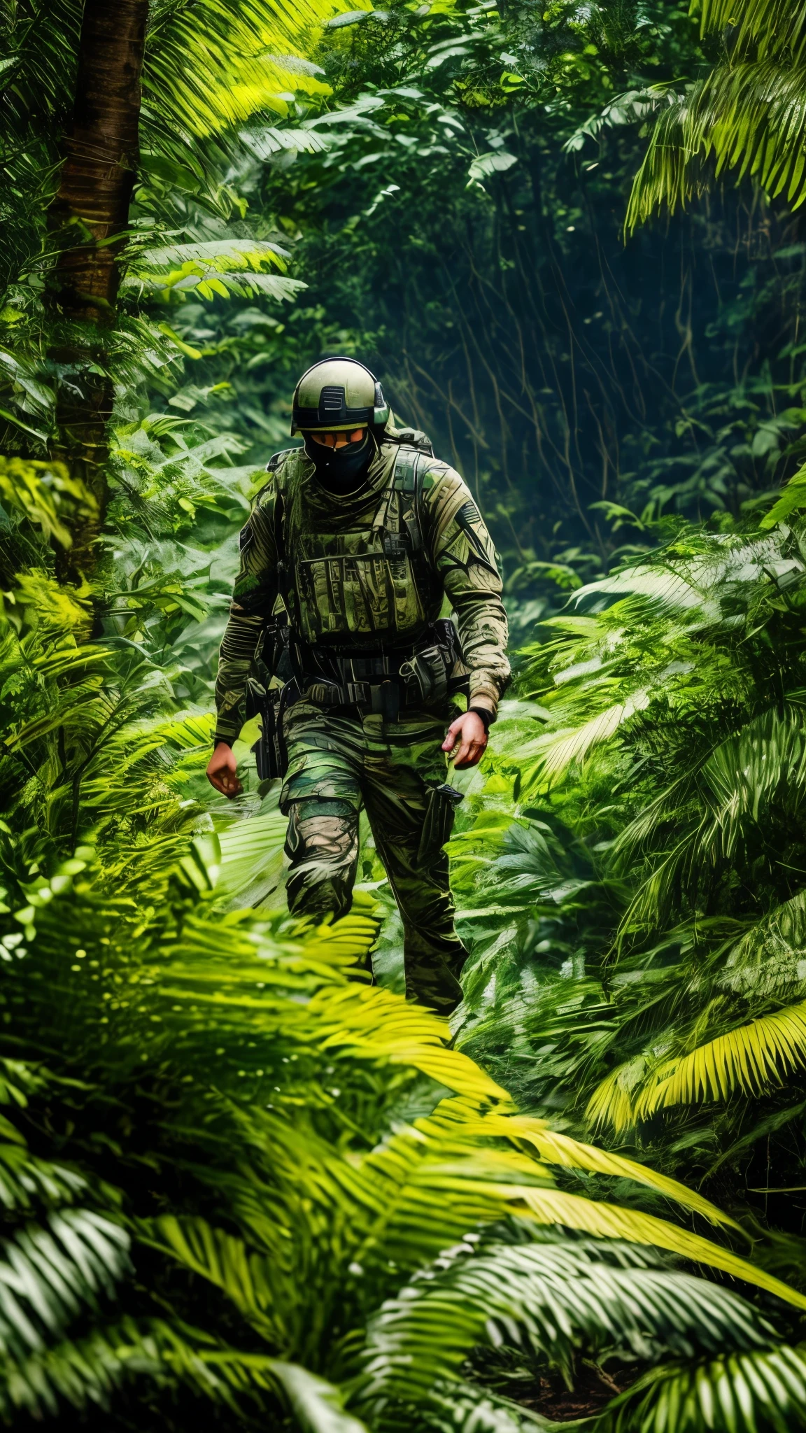 A young, camouflaged military operative, clad in protective gear and mask, emerges amidst the dense foliage of an uncharted jungle. With stealthy precision, he blends seamlessly with the surrounding greenery, a testament to his advanced training and equipment. As he moves, the undergrowth rustles and shadows dance, hinting at the untamed wilderness that lies hidden beneath.

In the distance, the unmistakable sound of a military helicopter can be heard, a beacon of civilization in this remote and mysterious land. The operative's eyes are sharp, scanning the environment for any signs of danger or objectives. A sense of purpose fu
