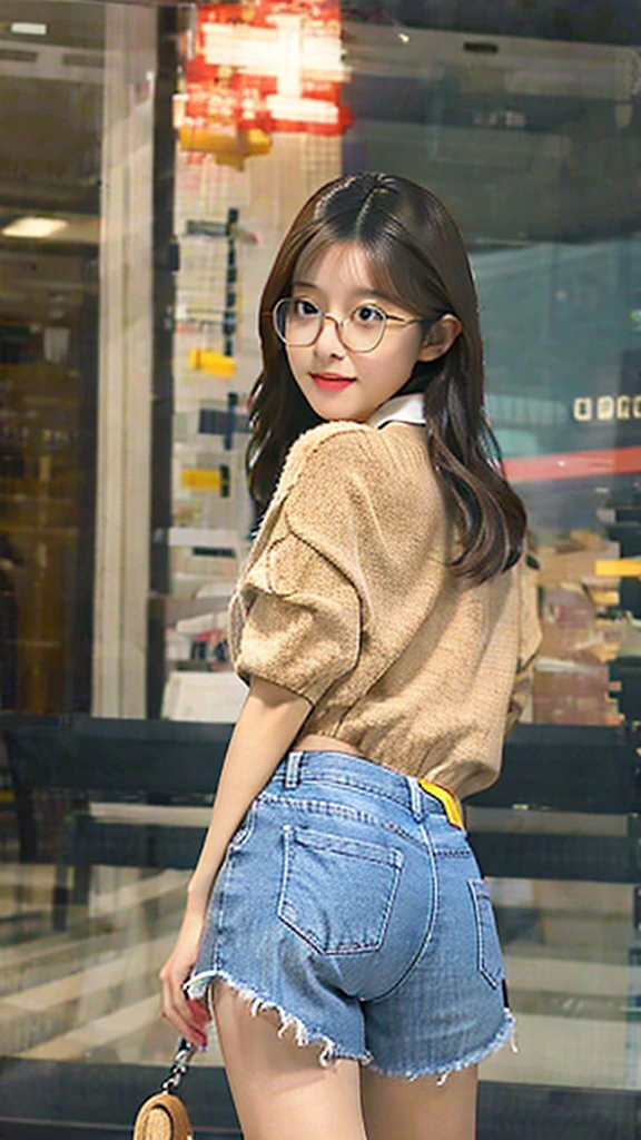 Cute tan Chinese girl wearing glasses, tight jean shorts , butt