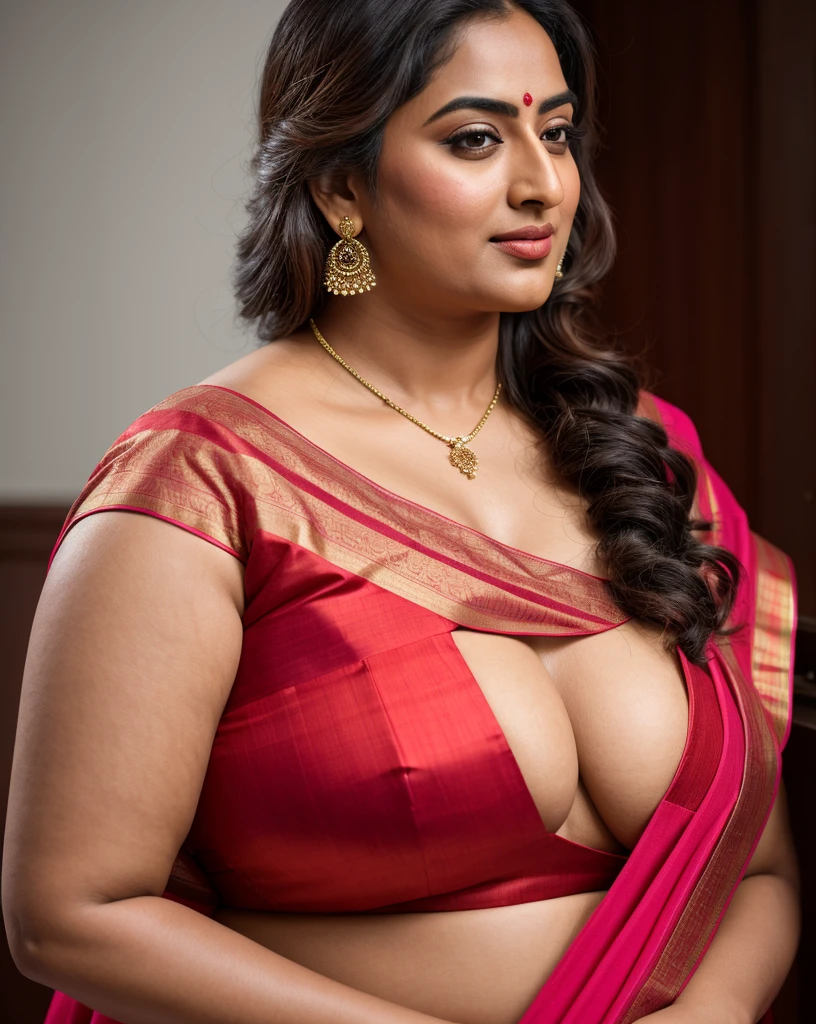 Foto RAW, photorealistic, photography, full body shot, master shot, goddess like beauty, perfect thick chubby mallu Desi aunty bhabhi, Wearing a Stanapatta, a chest-band.Saree model, model Photography, Indian saree shoot, Indian traditional wear advertising photography, traditional wear brand shoot, face of Indian actress Sonakshi Sinha, masterpiece, realistic, realism, incredible details,  pleasure, photorealism, detailed skin, skin pores, high contrast, photorealistic Artstation 8k HD digital art trend of high definition and detailed realistic skin texture, ultra detail, realistic skin texture, armature, best quality, ultra high definition, (photorealistic:1.4),, high resolution, detail, raw photo, Re sharp, by Lee Jefferies Nikon D850 Film Stock Photo 4 Kodak Portra 400 Camera F1.6 Lens Rich Color Ultra Real Realistic Realistic Textures Dramatic Lighting Unreal Engine Trending at Art Station Cinestill 800,(pele altamente detalhada: 1.2), 8k UHD, DSLR, soft-lighting, alta qualidade, grain of film, Fujifilm XT3,she didn't like to wear blouse or bra, she  happy to wear only saree, she hates blouse or bra,