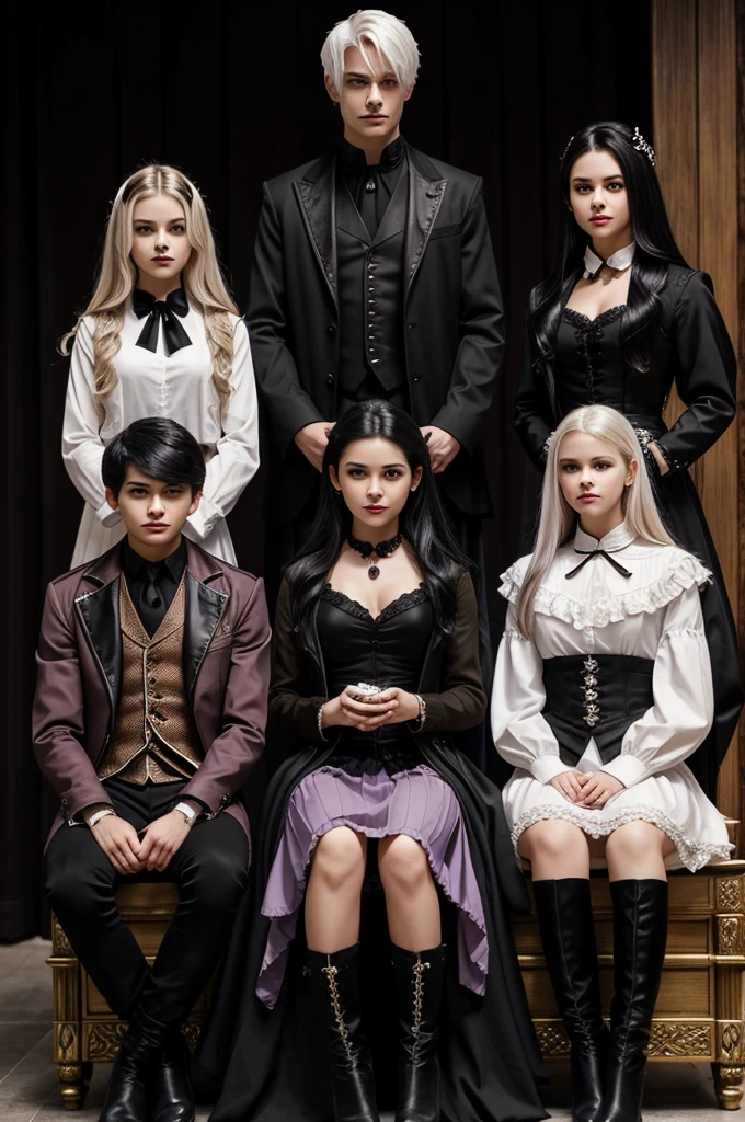three characters, one girl on a throne and one guy and girl to her side, the girl on throne has milk tea colored hair,dark brown/black eyes
,16 years old,Dress main color is dusty pink, bows and ruffles are white,boots are brown
,friends with vampire boy. the girl to the left has Red eyes,black hair,skirt and jacket are black,blouse is white,accents are light purple, the things on her chest is a light purple gem,is an adult,vampire, main villain.the guy to the right has Vest and shorts are black, skin tone is pale, hair is platinum blonde, eyes are red, jewels are blue, blouse is black
,looks 17,is a vampire so draw fangs if open mouth