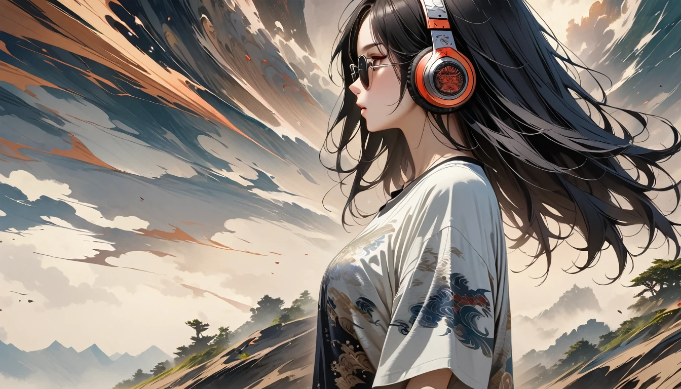 ((8k of extremely detailed CG unit, Masterpiece, high resolution, highest quality, highest quality real texture skin)), (((from side))), (((Harley-Davidsonのハンドルを握る))), (Japanese pattern T-shirt,Japanese pattern shorts),  (((Japanese style headphones))), (((sunglasses))), ((1 girl)), (Black hair, messy hair, beige skin), (surreal, digital painting)