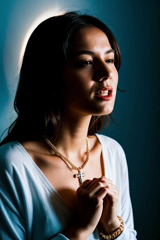 A woman biting a rosary while shining a blue light on it 
