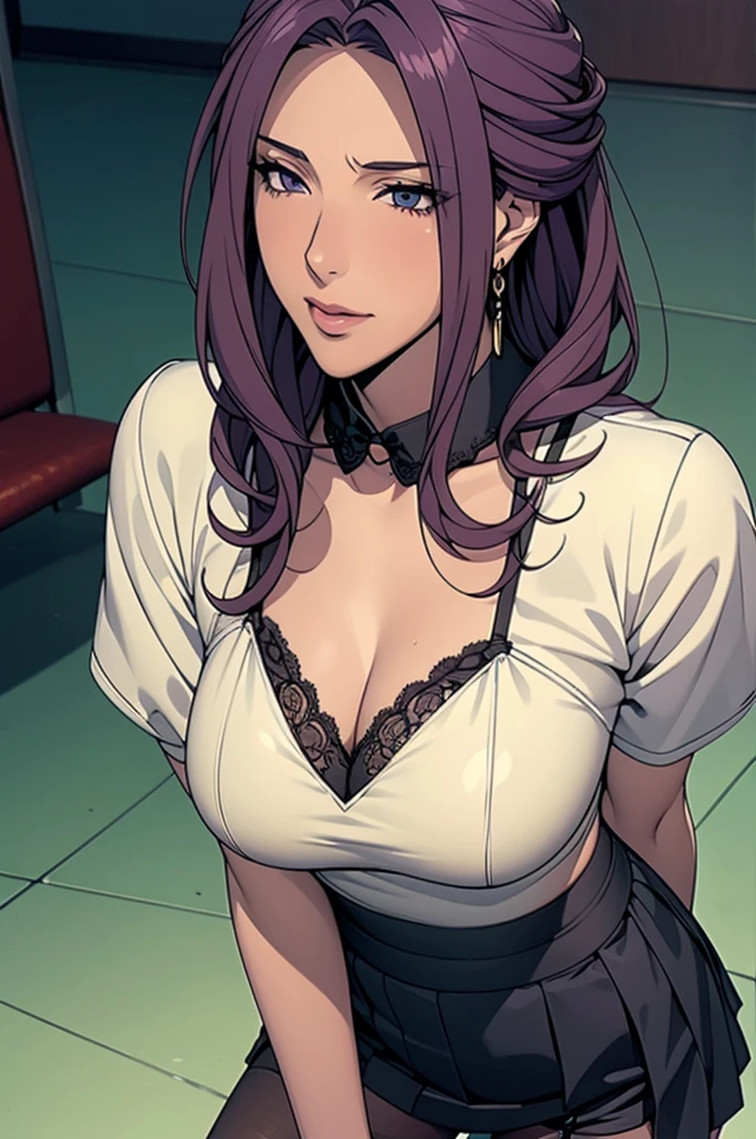 (Highest quality, Very detailed, Anime Images, Game CG, art CG, Realistic, Cinema Lighting, Perfect Shadow, Realistic lighting shading, Unity8k wallpaper), student,student服, (Stylish clothing), (Pleated mini skirt), Black Pantyhose,Black knee high sock, Big Breasts, Long Hair, Mature Woman, (Lace panties), Perfect Eyes, Perfect Face, Earrings, (Purple garter belt: 1.1), Bible Black Style, Vulgar blush, nose, Watch Viewer, Sexy pose,Future City