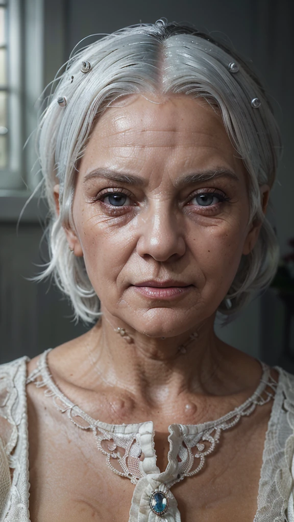 (1 elderly woman, old woman, white hair, advanced age, inside a house, detailed face, beautiful detailed eyes, beautiful detailed lips, extremely detailed eyes and face, long eyelashes, photorealistic, 8k, best quality, highly detailed, masterpiece, realistic, cinematic lighting, warm colors, dramatic lighting, chiaroscuro)